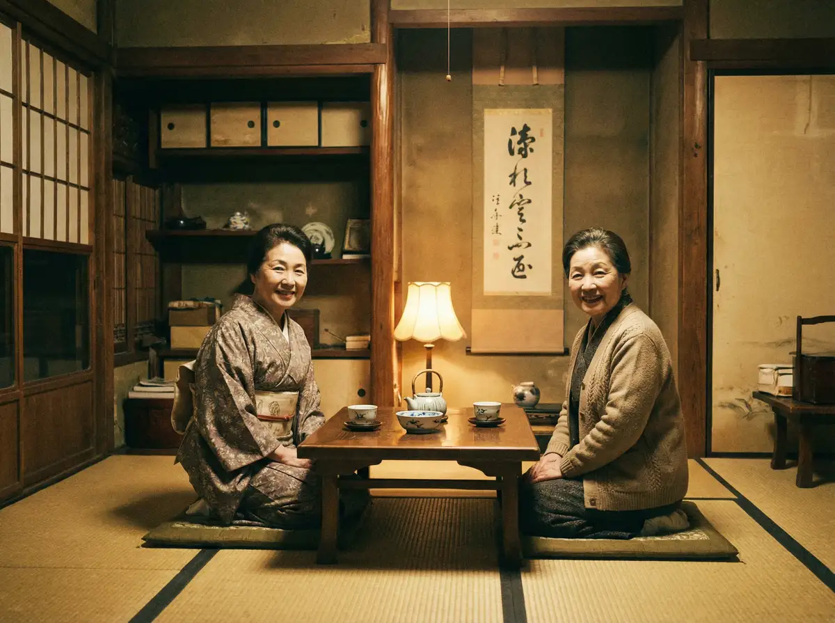 两位优雅的 里番网 在日式茶室中品茶交谈
